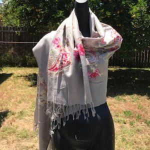 Grey Embroidered Scarves Sequined Hijab 26 x 70 Shawl Shoulder Wrap